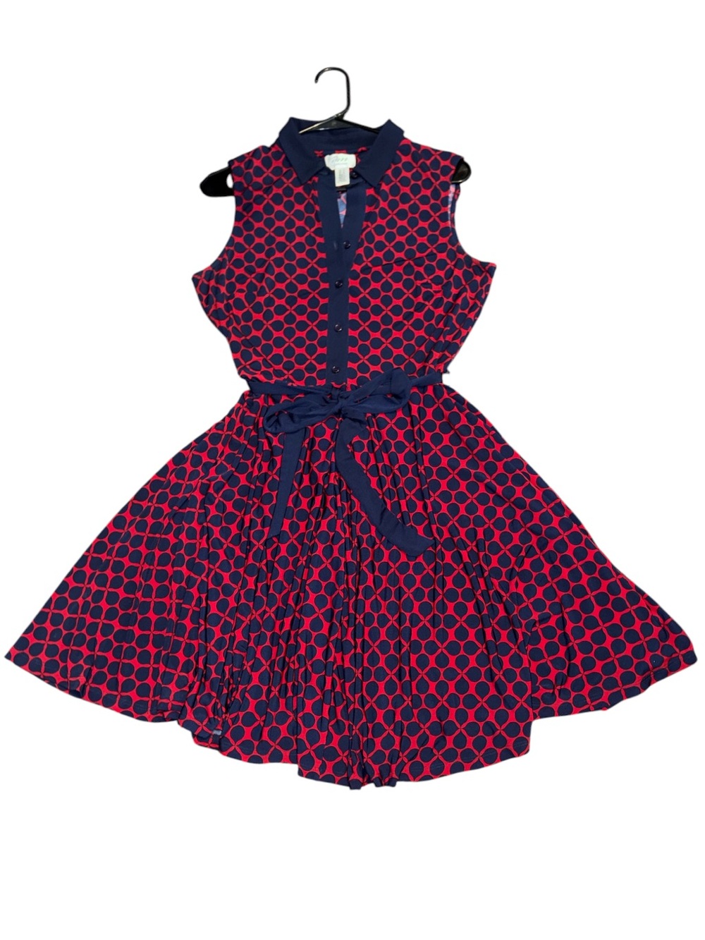 Sleeveless Asymmetrical Collared Fit-and-Flare Dress Red & Navy W/Half Button Up